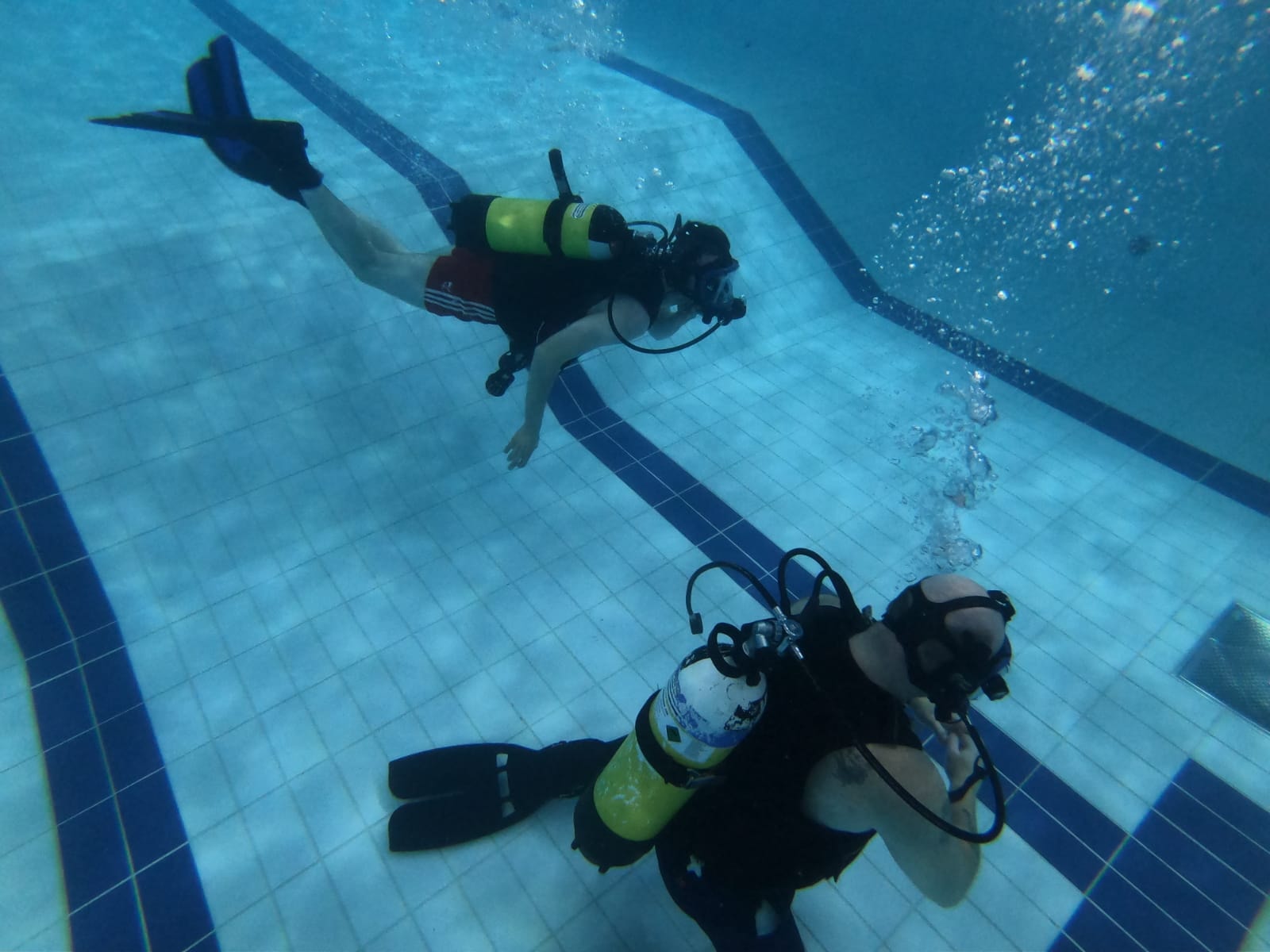 Divers training underwater in a swimming pool